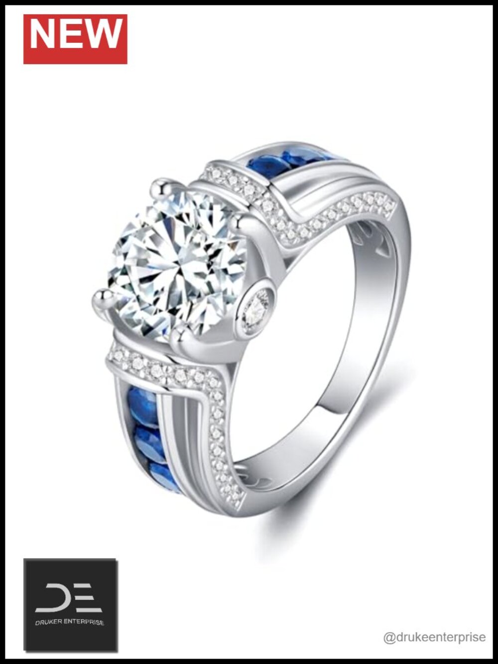 3ct Moissanite Engagement Ring, 18K White Gold Plated 925 Sterling Silver, D